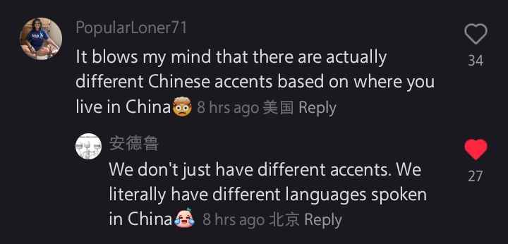 An American poster on Chinese social media platform "Red Note" posting a comment which reads "it blows my mind that there are actually different Chinese accents based on where you live in China". to which, a Chinese poster from Beijing replies "we don't just have different accents. we literally have different languages spoken in China"