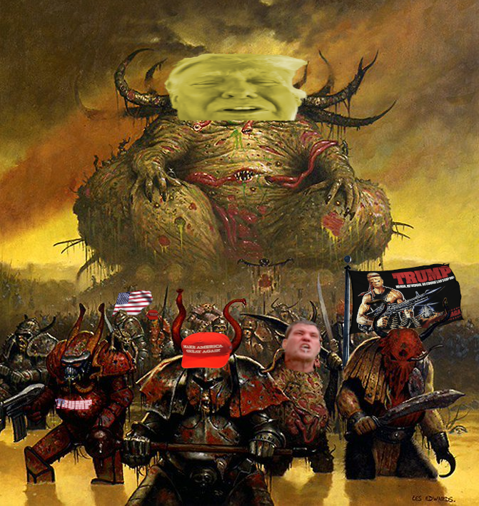 trump as Nurgle chaos god of disease with followers