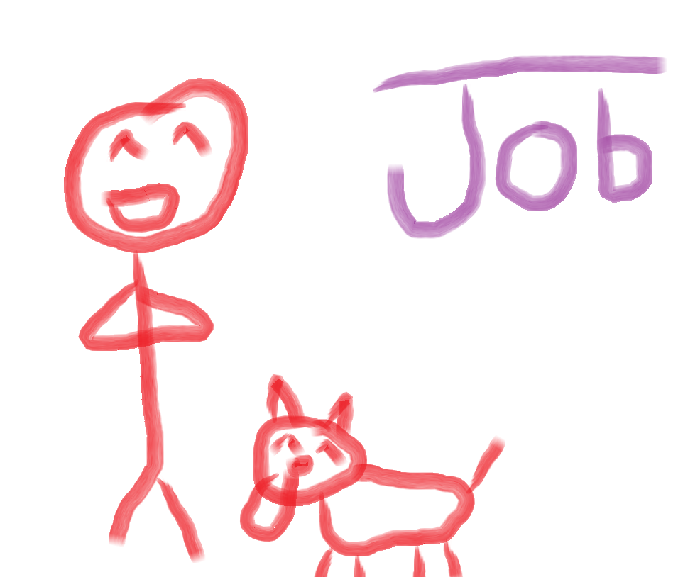 Poorly drawn image of a person and dog smiling. The word 'Job' is superimposed.