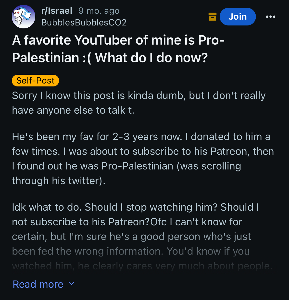 A favorite YouTuber of mine is Pro-Palestinian :( What do I do now?