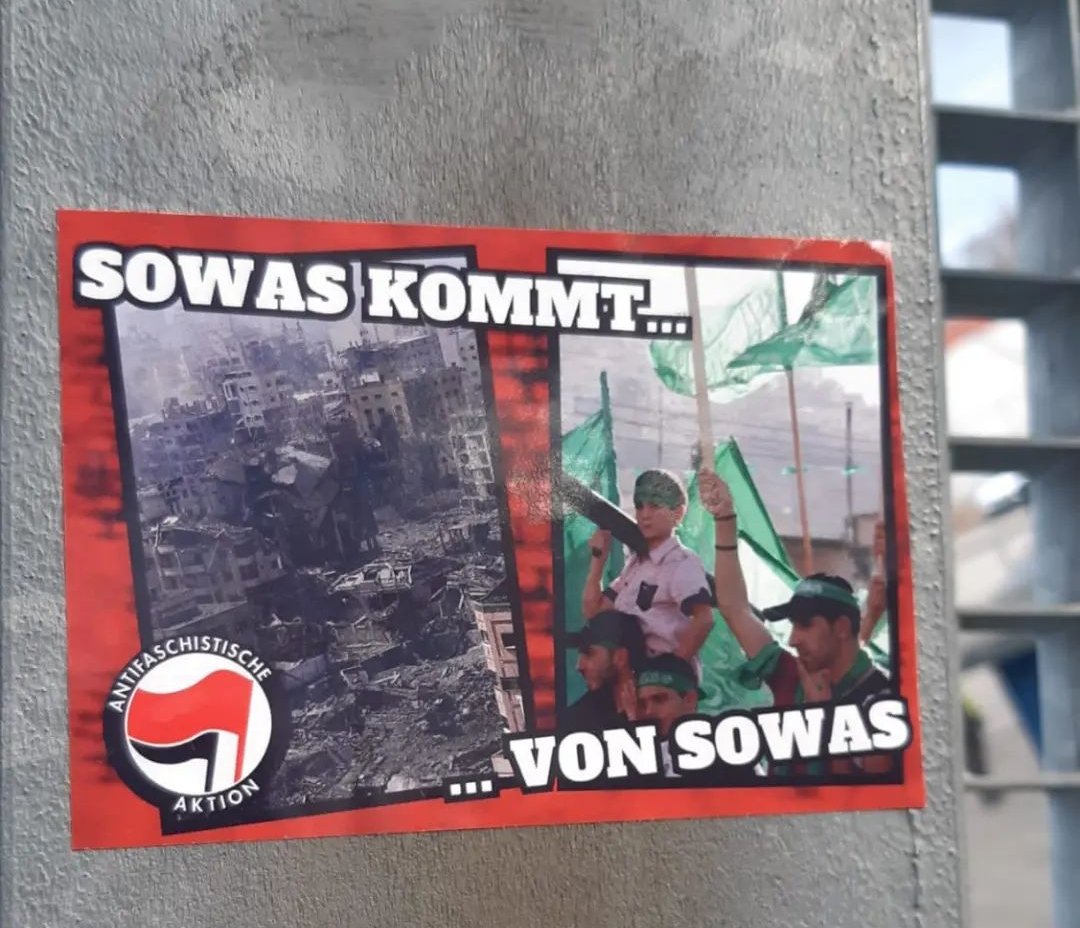 sticker with bombed out gaza left, people with green flags right caption below