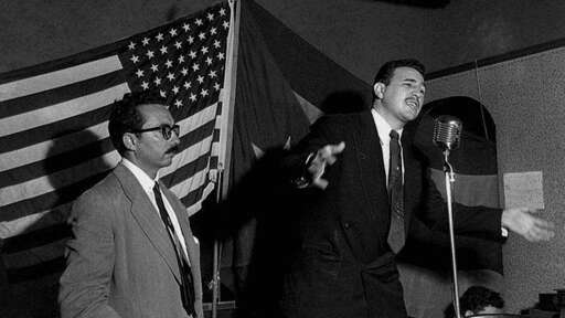 a young Fidel Castro speaking in Tampa, Florida without his signature beard