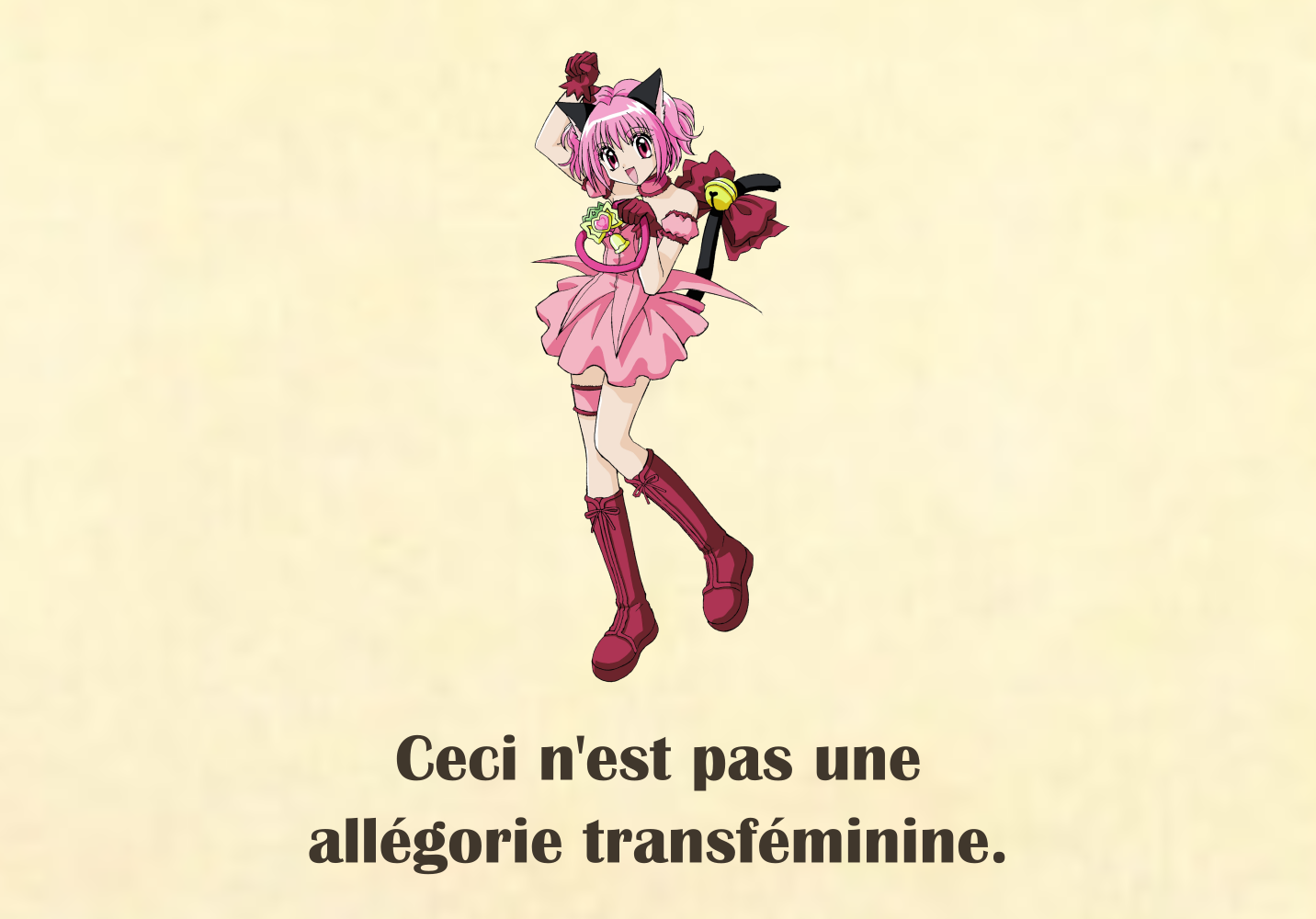 A parody of René Magritte's painting "The Treachery of Images" replacing the pipe with the main character of Tokyo Mew Mew, and the text now reads in French, "This is not a transfeminine allegory."