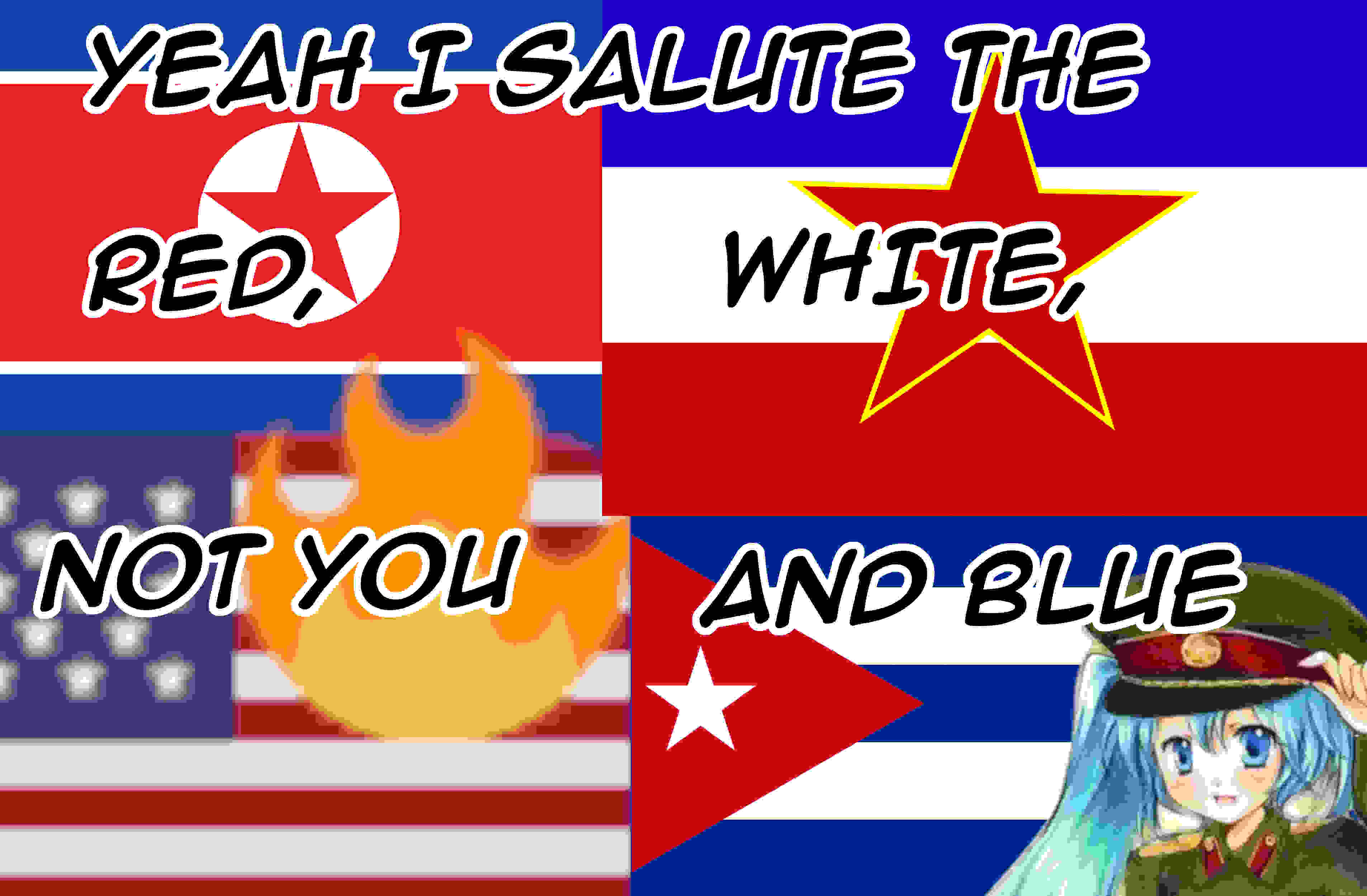 yeah i salute the red white (not you) and blue - text over flags of north korea yugoslavia usa and cuba, (not you) being over usa 