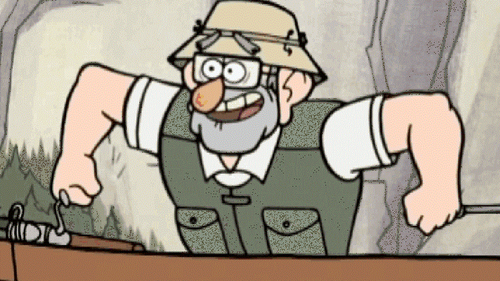 Zoomed in Gravity Falls screencap: Grunkle Stan on a small wooden boat in a lake with fishing gear; he has a silly expression and posture, like he is emphasizing the punchline of a bad joke.