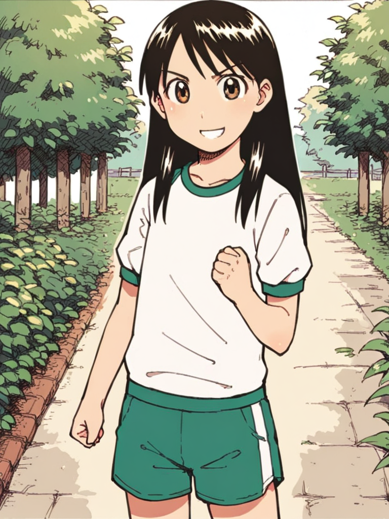 A girl standing on a paved path in a park. The girl has long black hair that reaches her waist, brown eyes and a wide, cheerful smile. She is dressed in a white T-shirt with green trim around the neckline and sleeves, paired with matching green shorts. Her shorts have a white stripe down the sides. She is striking an energetic pose with both fists clenched, with one arm bent, while the other hangs loosely by her side. The path she's walking on is bordered by lush green trees on both sides. 