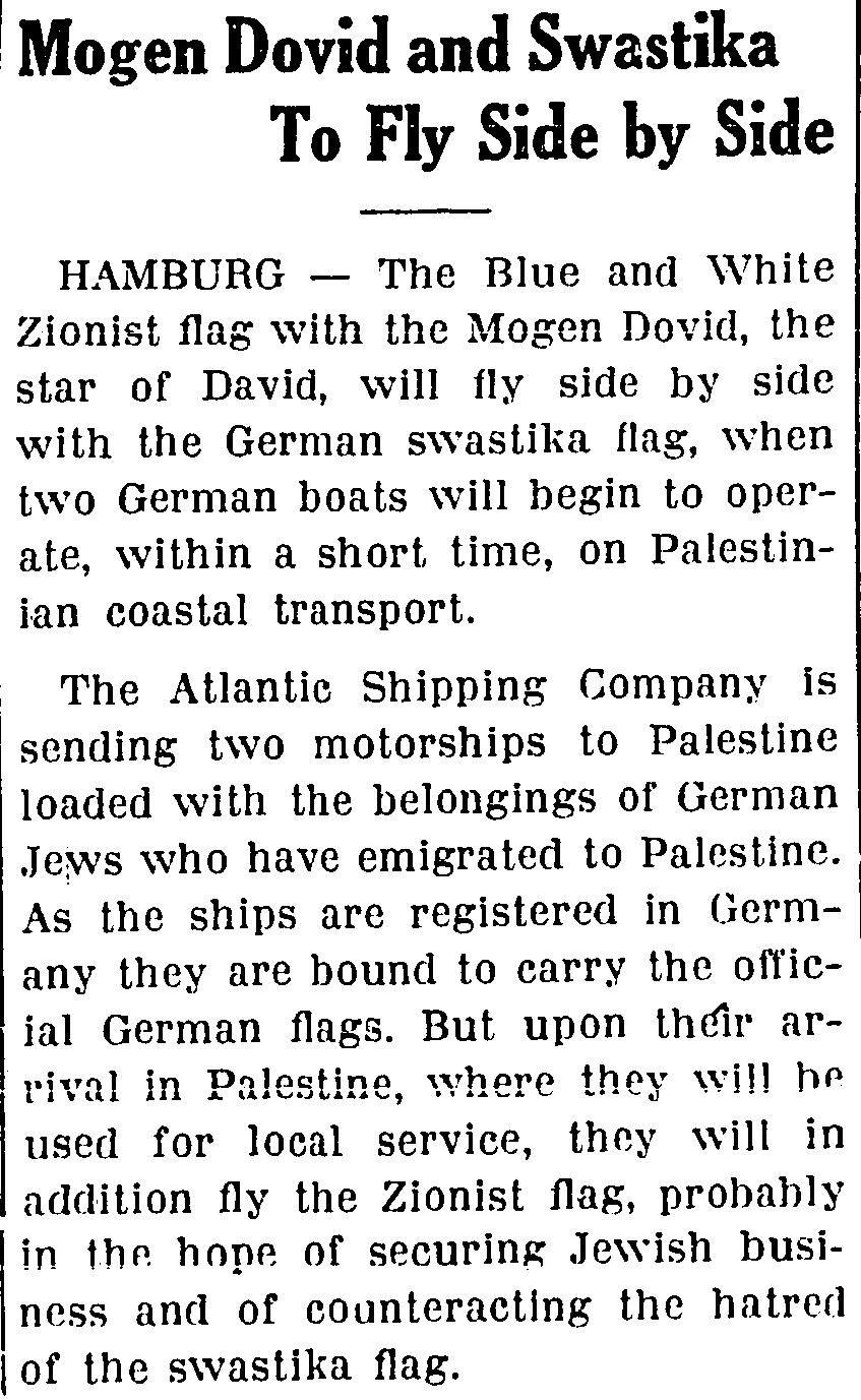 An article in a Canadian Jewish paper about a Fascist boat that was going to fly the NSDAP and Zionist flags side by side.