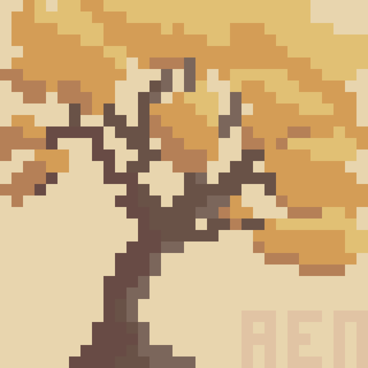 pixel art tree with yellow leaves leaning to the right