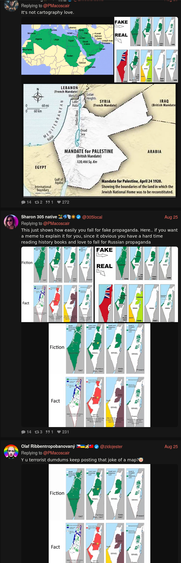 3 accounts posting the Palestine annexation map, but with more colors to make it confusing