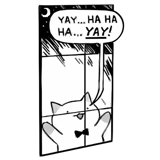 a small kitty with a bow tie peering through a window with a happy and sweet expression. The kitty has a speech bubble that reads, "yay...ha ha ha...yay!" drawn in similar style to the sicko "yes...ha ha ha...yes!" meme.