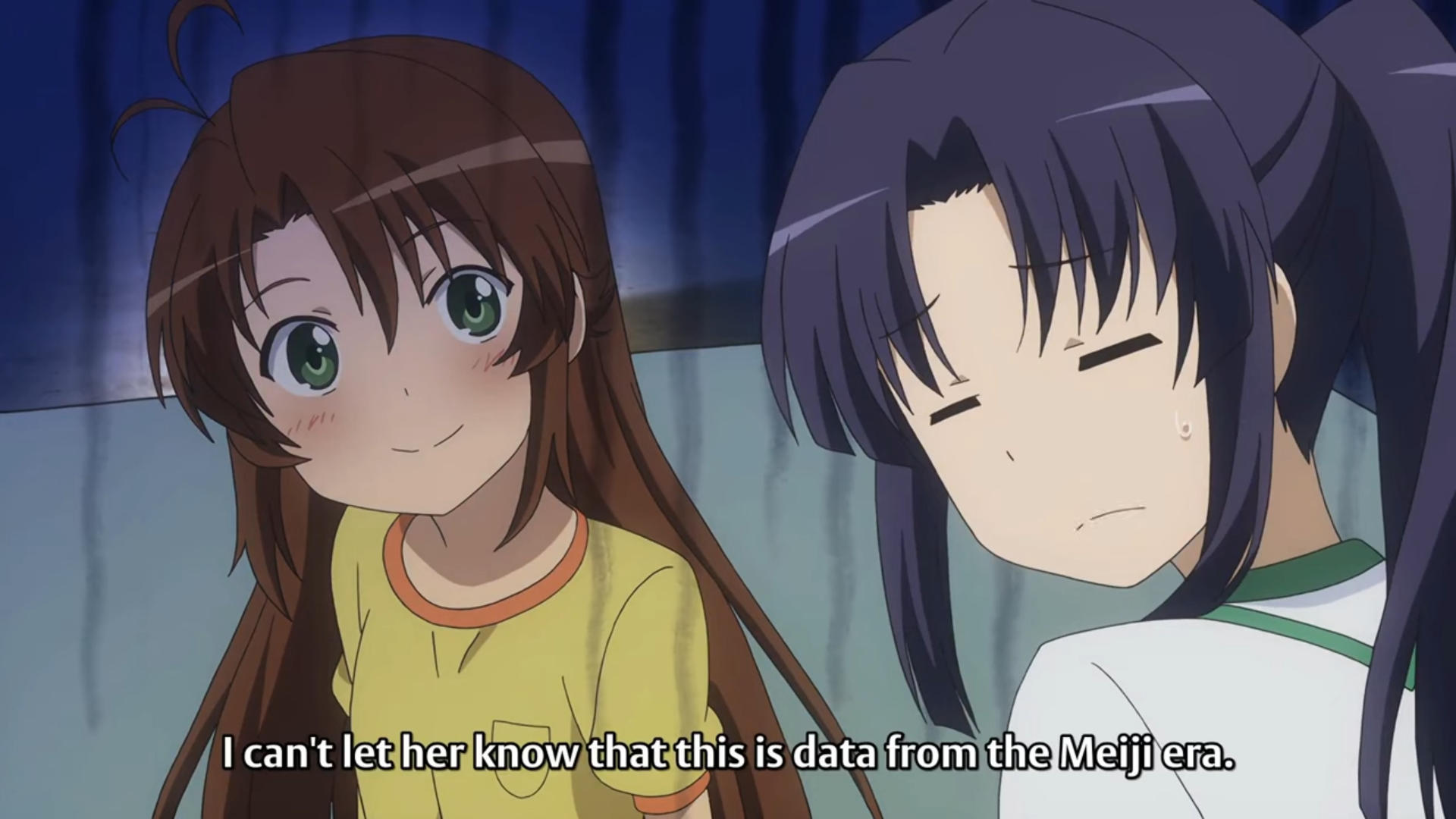 Non Non Biyori screencap: Kazuho saying, "I can't let her know that this data is from the Meiji era"