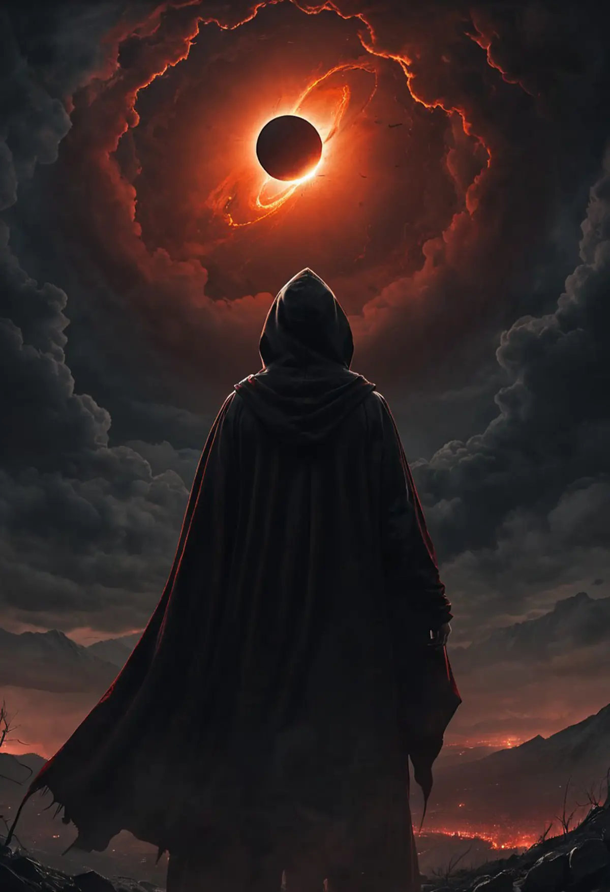A cloaked figure standing with their back to the viewer, gazing at a solar eclipse. The sky is a dramatic blend of dark clouds and crimson hues, and the landscape features mountain silhouettes and scattered fires. 