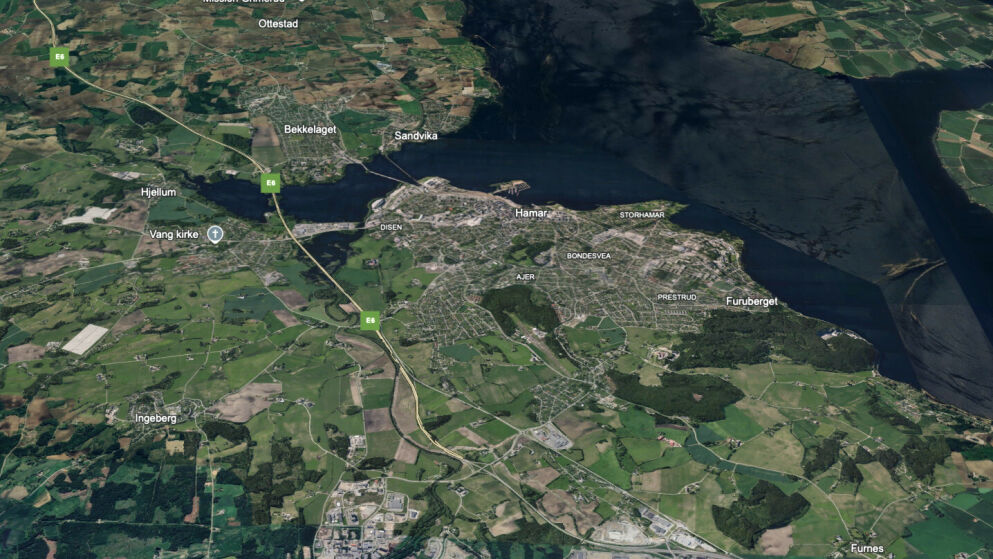 An aerial map of Hamar, Innlandet, Norway, and the surrounding area.