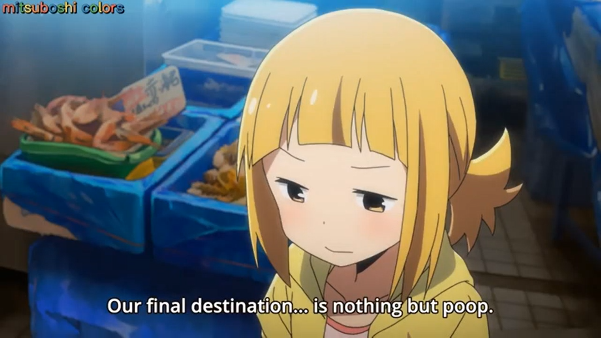 Saki from Mitsuboshi Colors saying "Our final destination is nothing but poop"