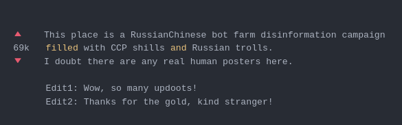 multiline tagline that looks like a thread with 69k upvoots complaining about russian chinese bots