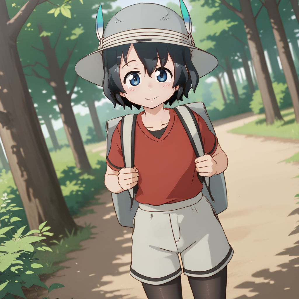 A girl standing on a dirt path in a forest. She has short black hair and blue eyes. She is wearing a gray, wide-brimmed hat, a red V-neck t-shirt, a gray backpack with black straps, gray shorts with black trim and her legs are covered in black stockings.