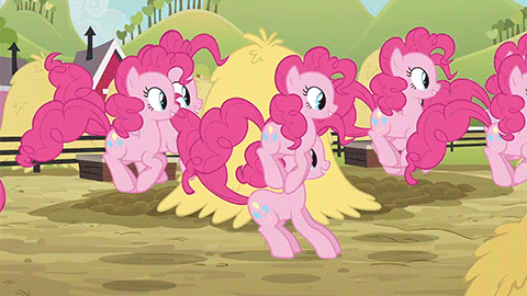 A swarm of Pinkie Pie clones plaguing Sweet Apple Acres through their incessant jumping and shouting "Fun! Fun! Fun!"