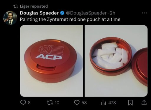 Painting the zynternet red one pouch at a time (photo of zyn pouch with 'ACP' on it)