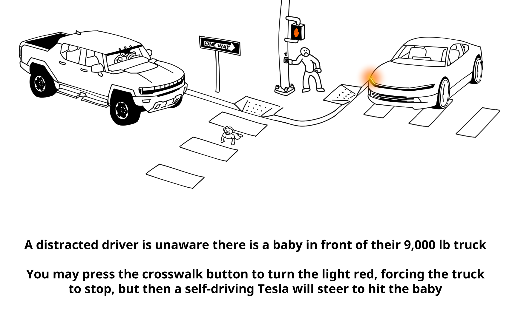 A distracted driver is unaware there is a baby in front of their 9,000 lb truck