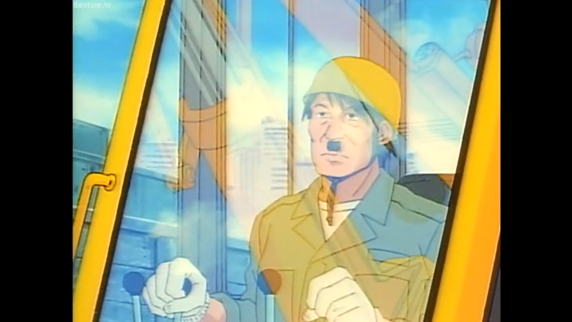 A man who looks suspiciously like Adolf Hitler operating an excavator