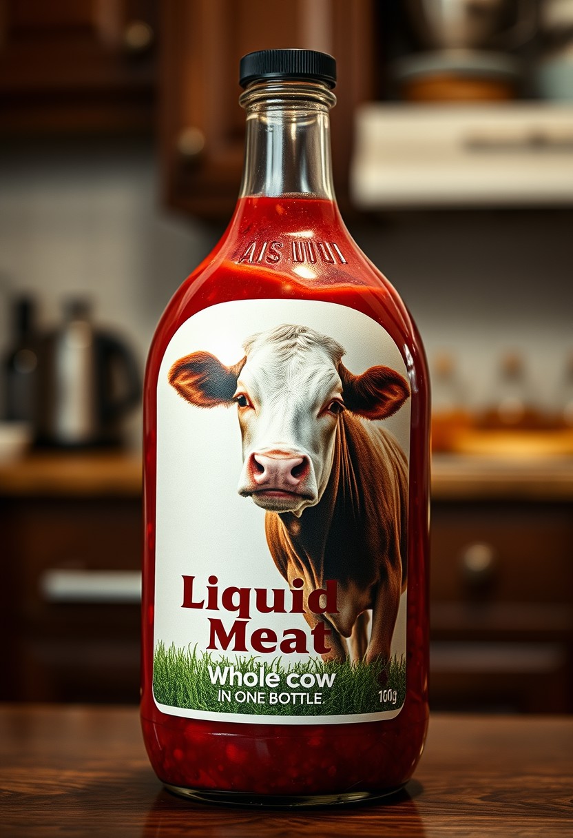 A large, clear glass bottle filled with a red liquid. On the label of the bottle, there is an image of a cow against a white background with green grass at the bottom edge. The text on the label reads “Liquid Meat” in bold uppercase letters, followed by “Whole cow in one bottle” in a smaller font size. The background is of a kitchen setting, with wooden cabinets and a counter covered with various kitchen items.