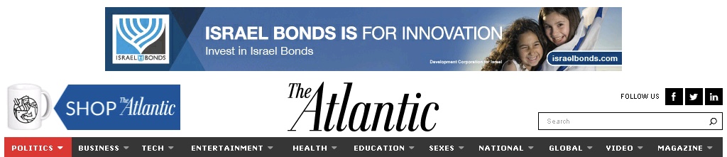 header of website *The Atlantic* advertising “investing” in “israel” bonds with picture of two small children wrapped in settler flag