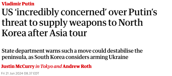 US ‘incredibly concerned’ over Putin’s threat to supply weapons to North Korea after Asia tour