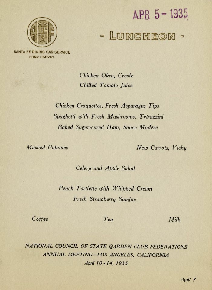 1935 Luncheon menu for Atchison, Topeka, and Santa Fe Railway Company