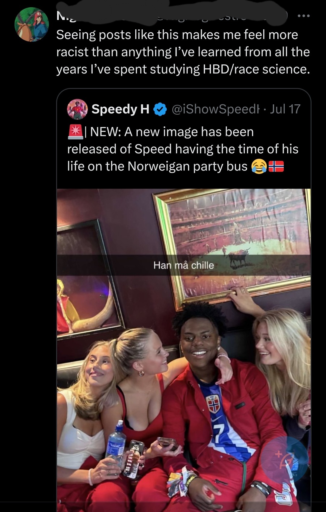 Streamer has a good time in Europe including hanging out on a Party bus in Norweigh with 3 attractive white women. Nazis seethe because he's a black guy. (Cw bigoted racist dipshit)