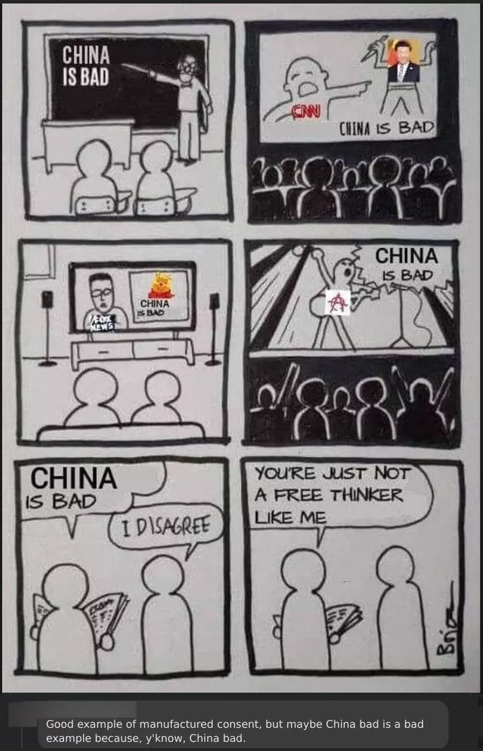 teacher: china bad. movie: china bad. tv: china bad. punk concert: china bad. newspaper reader: china is bad. Other person: I disagree. Newspaper reader: you're just not a free thinker like me. 