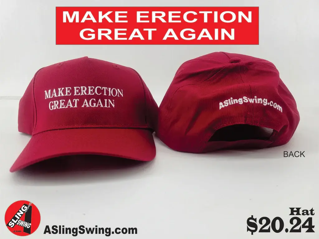 a red cap with embroidered text “make erection great again”