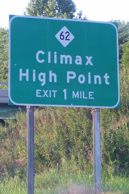 Picture of interstate sign saying High Point and Climax