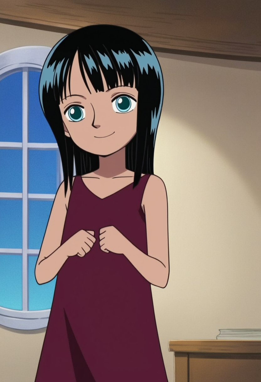 A young girl with blue eyes, and straight, shoulder-length black hair. She has a gentle smile on her face, and she is wearing a sleeveless, maroon dress with a simple, V-neckline. Her hands are held in front of her chest, adding a sense of apprehension to her demeanor. The background of the image is a simple indoor setting. To the left, there is a large, white-framed window with multiple panes, through which a bright blue sky can be seen. The wall behind the girl is a soft beige color, and there is a wooden table holding a closed book on top n the right side. 