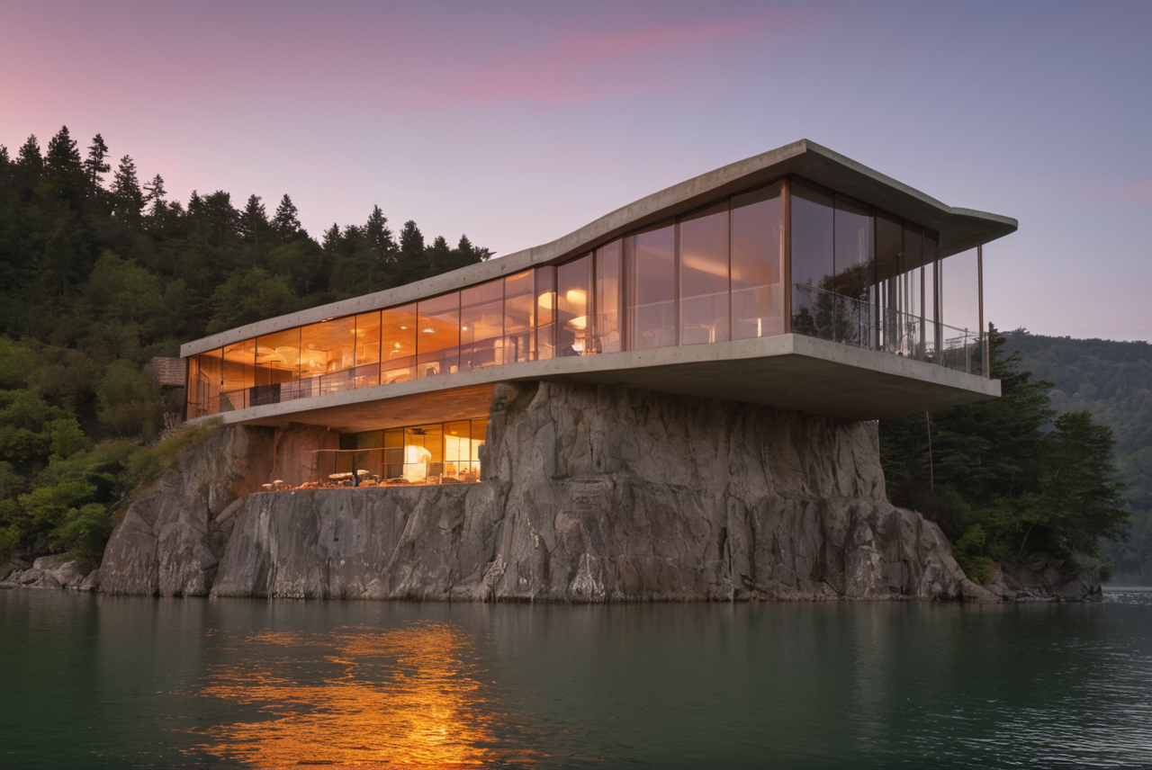 A modern house with extensive glass windows perched on a rocky cliff overlooking a calm body of water on the edge of a forest. The setting sun casts a warm, pinkish hue over the scene, and the interior lights of the house can be seen reflecting off the water’s surface.