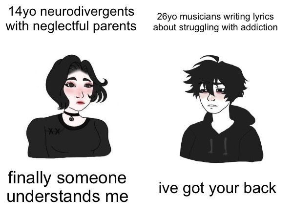 Left side of a doomer girl wojak labeled “14yo neurodivergents with neglectful parents”. Right side is a doomer boy wojak labeled, “26yo musicians writing lyrics about struggling with addiction”. Doomer girl says, “finally, someone understands me” and doomer boy responds, “I’ve got your back”.