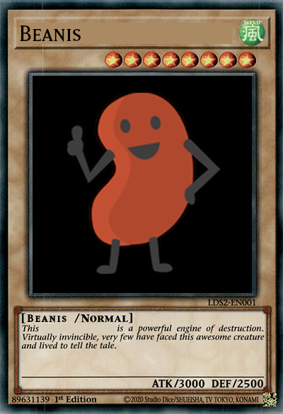 edited image of a Yu-Gi-Oh card of a Wind type with a portrait of "beanis".