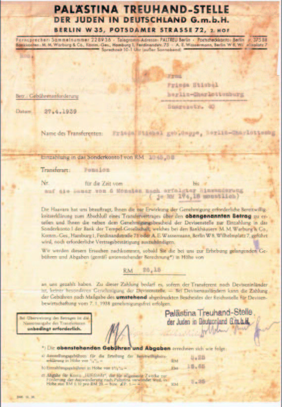 ‘Transfer agreement used by the Palästina Treuhandstelle (“Palestine Trustee Office”), established specifically for Jews wishing to emigrate from Nazi Germany under the Haavara Agreement, to recover some assets when they arrived in Palestine.’ Source: https://en.wikipedia.org/wiki/File:Paltreu1.jpg