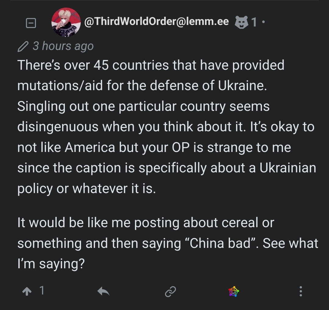 "The US is just a smol widdle bean that has no sway over other Western countries decisions UwU" Bonus: Saying America is responsible for its proxy war is like equating China to cereal?