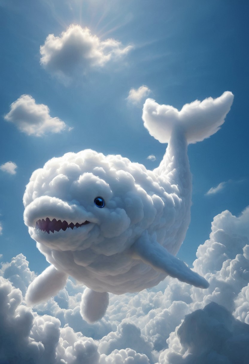 A dolphin made out of clouds, soaring through a bright blue sky with scattered filled with white clouds. The dolphin has a friendly expression, with visible eyes and an open mouth showing teeth. 