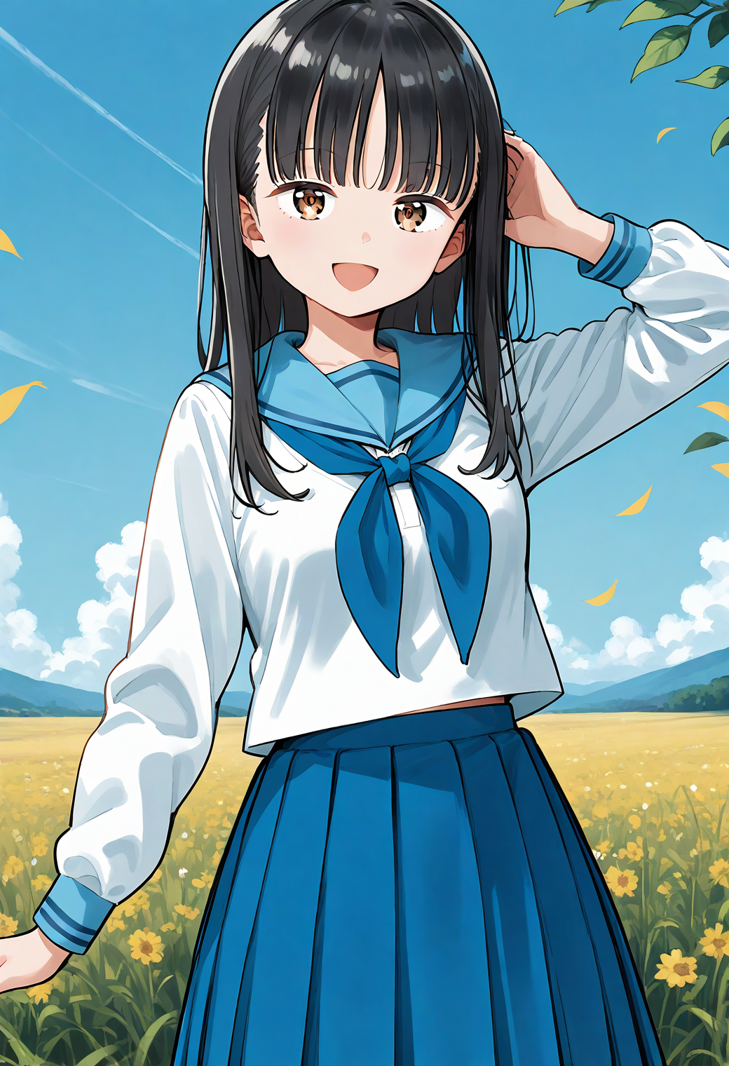 A girl with long black hair and brown eyes standing in a sunny field of yellow flowers. She is wearing a traditional Japanese schoolgirl outfit, which consists of a white blouse with long sleeves and a blue sailor collar, tied with a blue neckerchief. The blouse is paired with a blue pleated skirt. The girl's expression is cheerful, with a wide smile and her right hand raised to her head, adjusting her hair. The background showcases a blue sky dotted with white clouds, and a distant mountain range. 