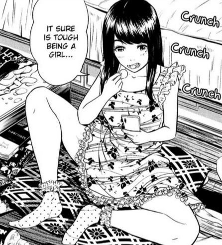 Manga panel of a young woman in an elegant floral dress, sitting on the ground at home, legs splayed, looking at her phone, munching chips, and saying "It sure is tough being a girl..."