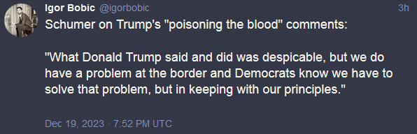 Schumer says "Okay, 'poisoning the blood' is really bad but..."