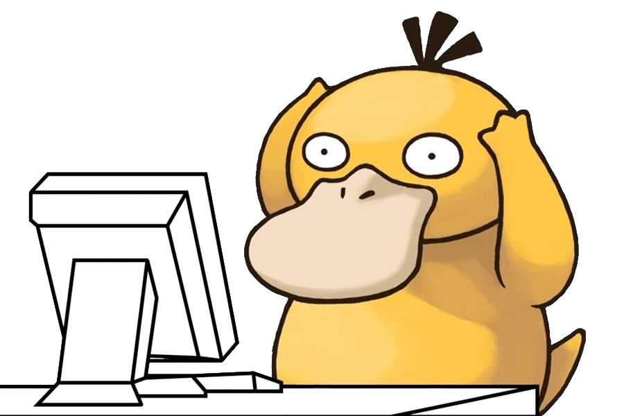 Psyduck (a Pokémon) staring at a computer monitor, looking very confused and perhaps disapproving