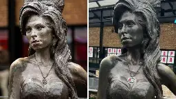 Star of David necklace on Amy Winehouse statue covered with sticker of Palestinian flag