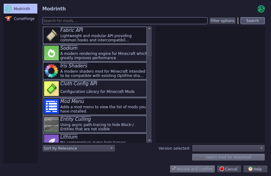 pollymc menu for downloading mods from modrinth, showing fabric api, sodium, iris shaders, etc