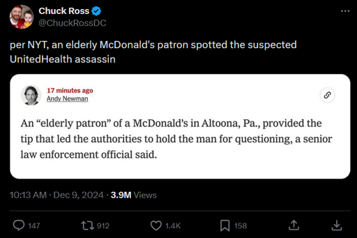 A screenshot of a Tweet by verified Twitter user Chuck Ross (@ChuckRossDC). It was posted at 10:13 AM on December 9th, 2024 and received 3.9 Million views, 147 comments, 912 retweets, 1.4 thousand likes, and 158 bookmarks at time of screenshot. It reads as follows:  "per NYT, an elderly McDonald's patron spotted the suspected UnitedHealth assassin"  The tweet attaches a screenshot from the New York Times website from journalist Andy Newman, made 17 minutes before the Tweeter captured it. It reads as follows:  "An 'elderly patron' of a McDonald's in Altoona, PA., provided the tip that led the authorities to hold the man for questioning, a senior law enforcement official said."