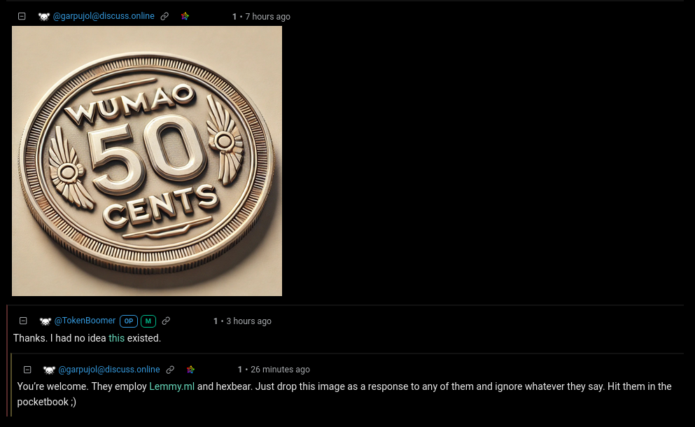 an image of an ai generated coin that says wumamo 50 cents and two comments expressing delight that the 50 cent army is funding hexbear and lemmy.ml