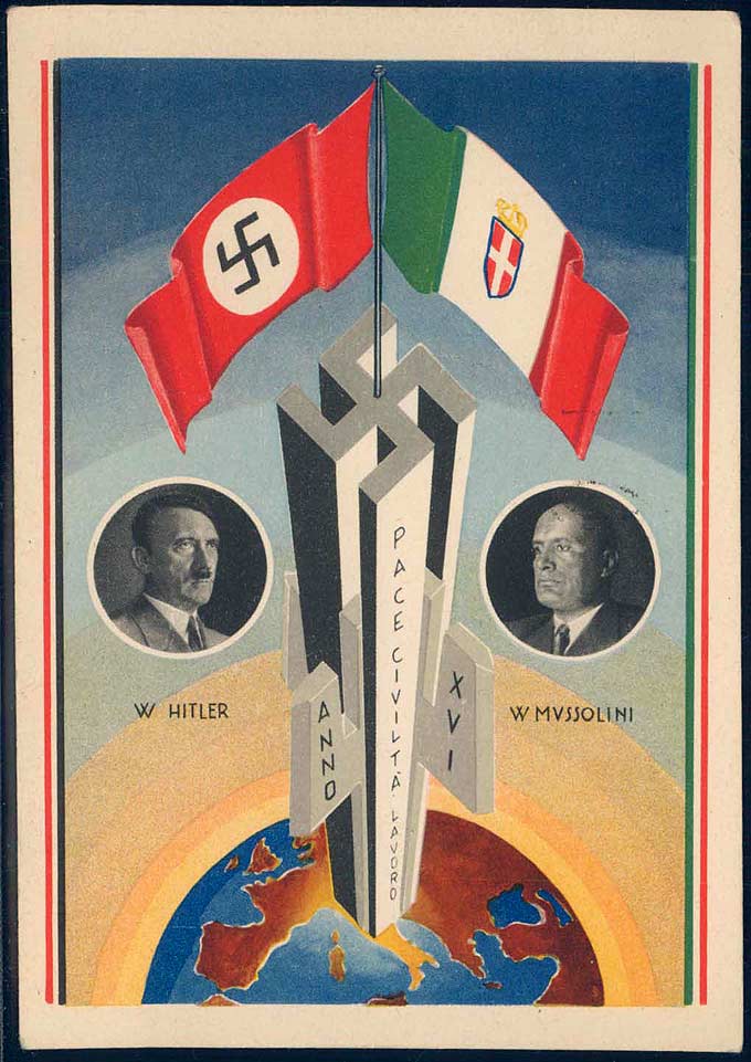 A Fascist postcard that combines a towering swastika with three (presumably four) fasces. The swastika reads ‘peace, civility, work’, and the fasces read ‘year 16 [of the Fascist era]’. That means that they manufactured this postcard in 1938.