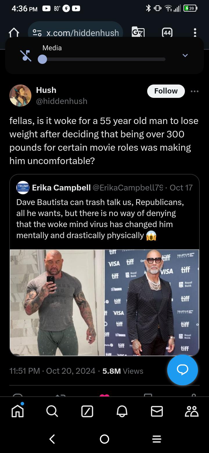 Dave Bautista losing weight is apparently a symbol of the "Woke mind virus" changing him