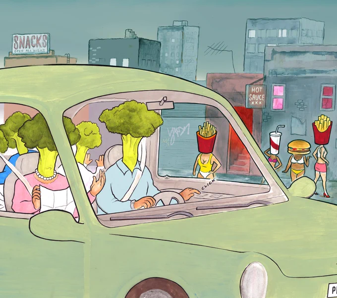 Perry Bible Fellowship comic featuring a family of Broccoli in a car, dressed as an idyllic family. Outside the car are various fast-food people (two french fries, a soft drink, and a burger) in various states of undress in a seedy-looking part of town. The driver is clicking the 'lock' button on his door, while the passenger holds a map for directions.